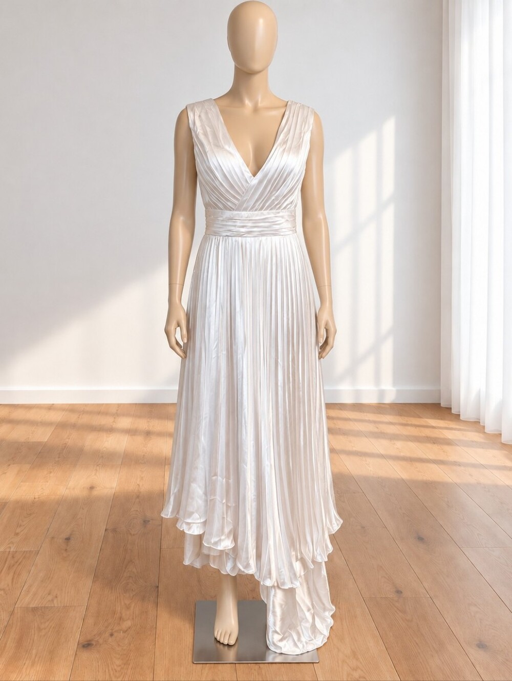 Sleeveless Ivory High-Low Pleated V-Neck Dress